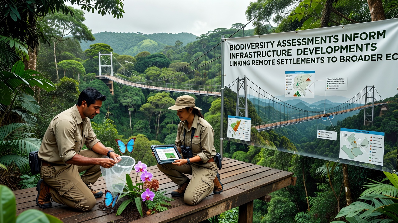 Field researchers conducting biodiversity surveys alongside new road construction linking isolated villages