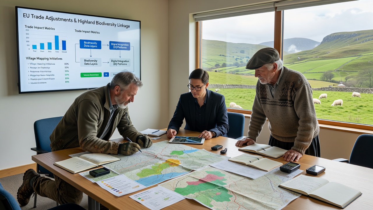 Community members reviewing biodiversity maps and planning diaspora supported trail repairs in a highland setting