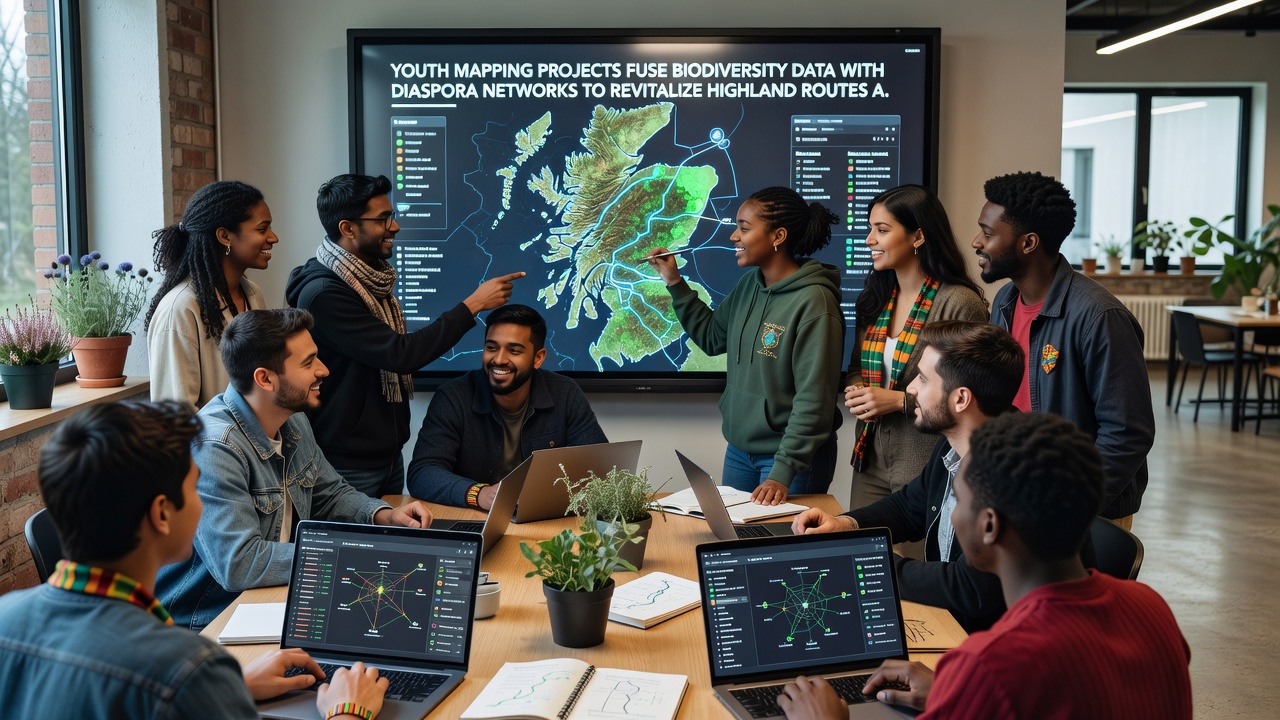 Group of young mappers discussing trail restoration plans with overlaid biodiversity data on a tablet in a highland village setting